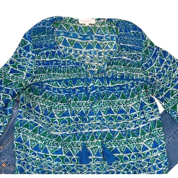 Vince Camuto Turquoise & Green Sheer Batik Tassel Boho Peasant Top - M - Picture 4 of 12